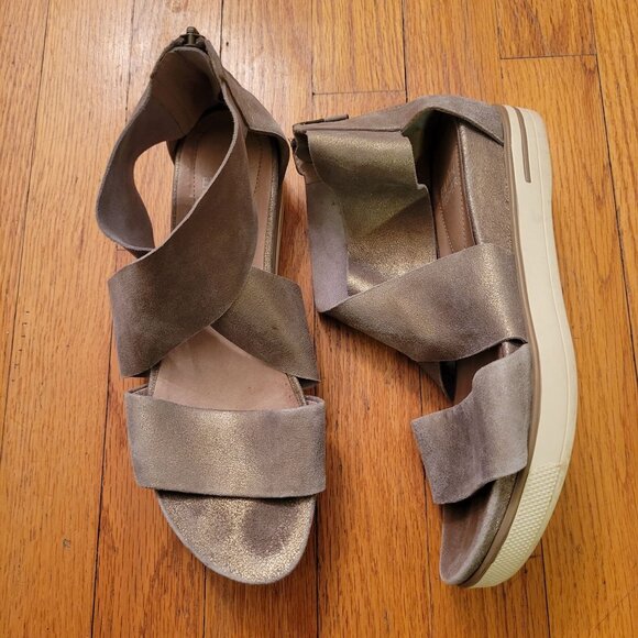 Eileen Fisher Criss Cross Sport Strappy Sandals 7.5 Metallic Gray Gold Banded We - Picture 1 of 8